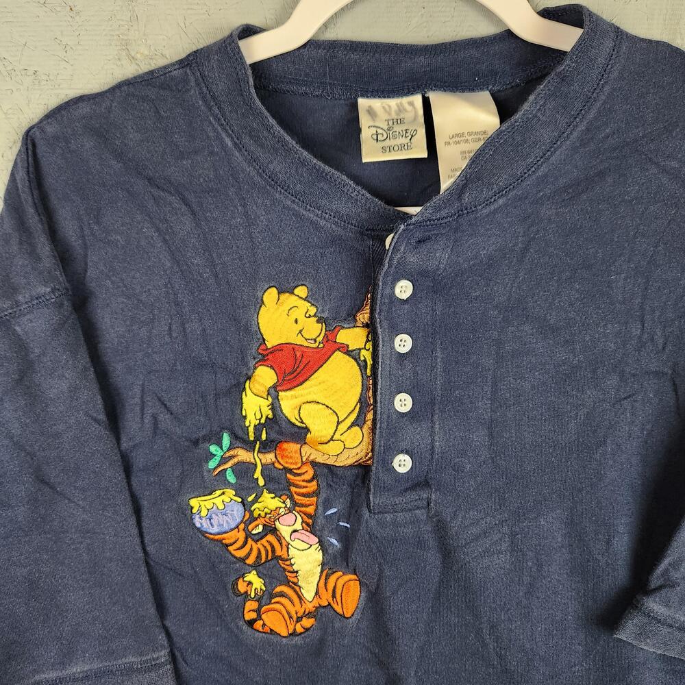 Vintage Winnie The Pooh Shirt Mens Large Blue Disney Store Henley Graphic 90s